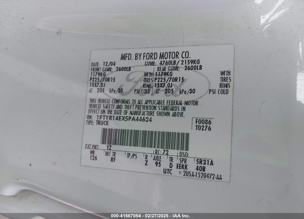 2005 FORD RANGER EDGE/STX/XL/XLT VIN: 1FTYR14EX5PA44624