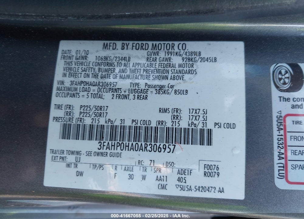 2010 FORD FUSION SE VIN: 3FAHP0HA0AR306957