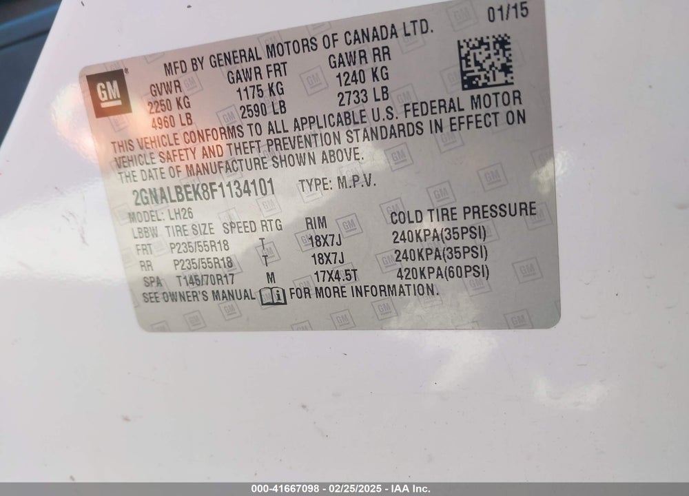 2015 CHEVROLET EQUINOX VIN: 2GNALBEK8F1134101