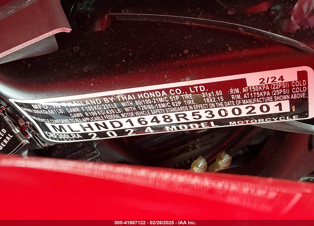 2024 HONDA CRF300 LRA VIN: MLHND1648R5300201