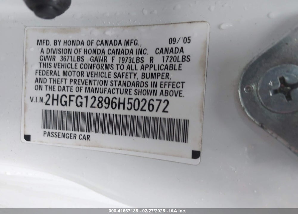 2006 HONDA CIVIC VIN: 2HGFG12896H502672