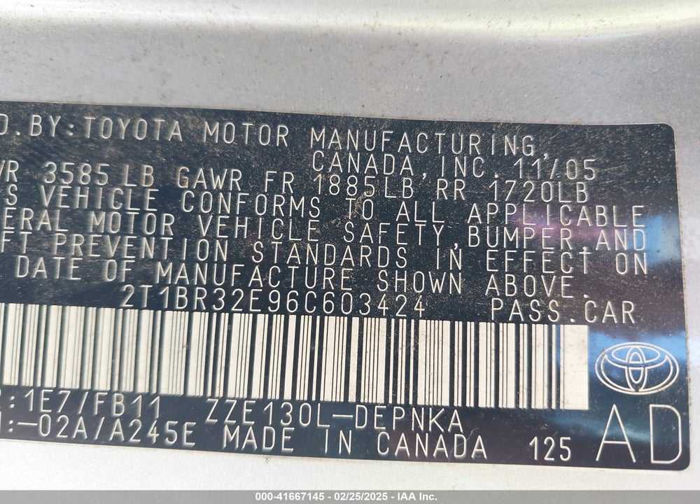 2006 TOYOTA COROLLA VIN: 2T1BR32E96C603424