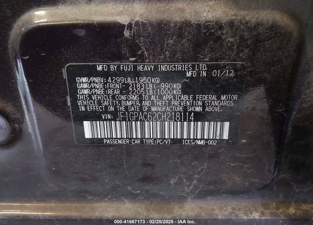 2012 SUBARU IMPREZA VIN: JF1GPAC62CH218114