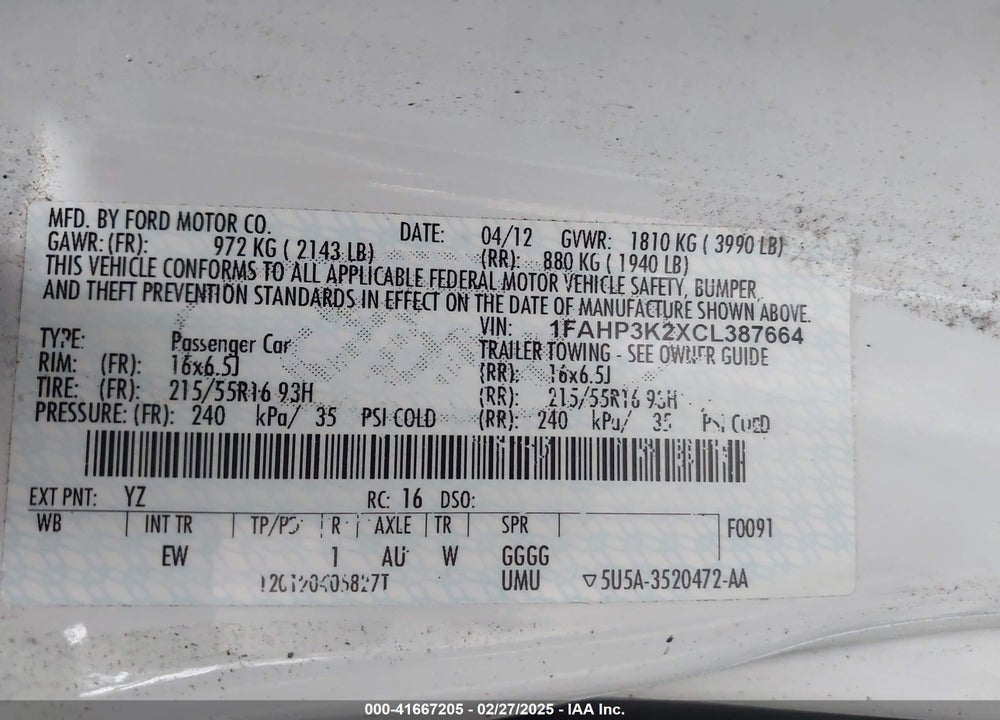 2012 FORD FOCUS VIN: 1FAHP3K2XCL387664