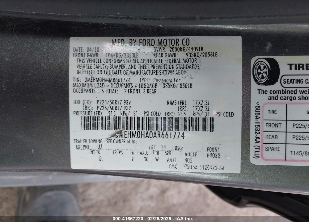 2010 MERCURY MILAN VIN: 3MEHM0HA0AR661774