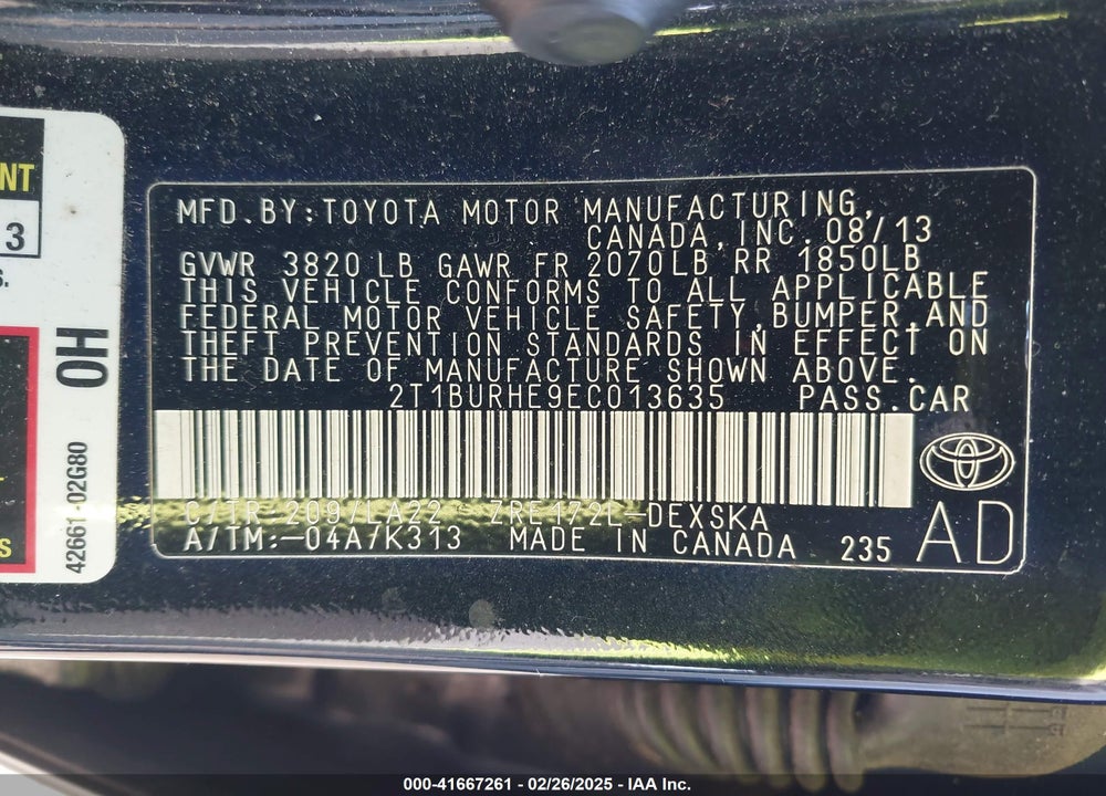 2014 TOYOTA COROLLA VIN: 2T1BURHE9EC013635