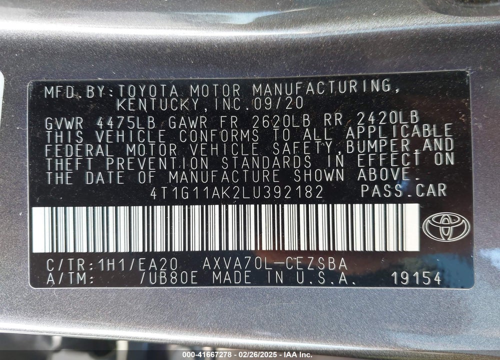 2020 TOYOTA CAMRY VIN: 4T1G11AK2LU392182