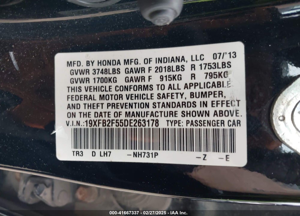 2013 HONDA CIVIC VIN: 19XFB2F55DE263178