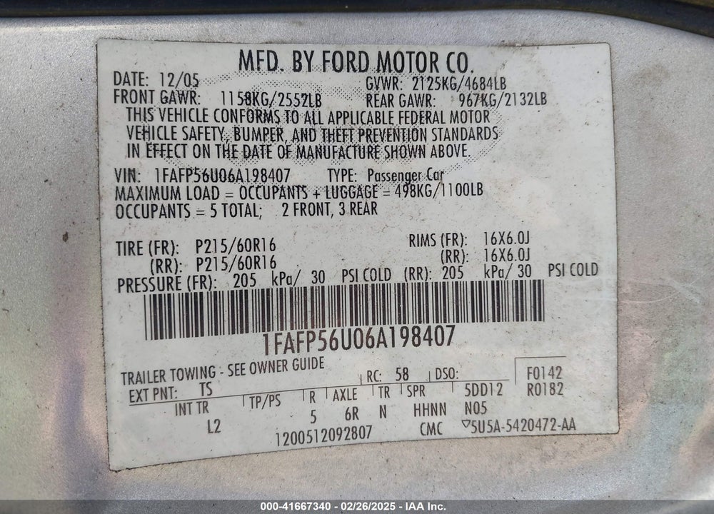 2006 FORD TAURUS VIN: 1FAFP56U06A198407