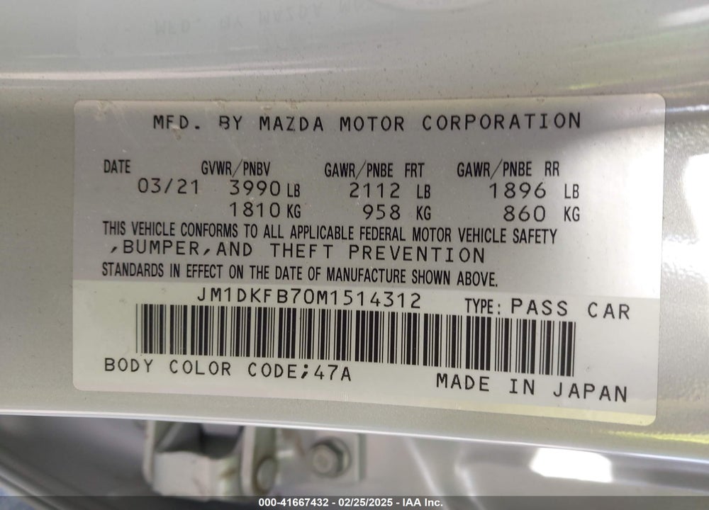 2021 MAZDA CX-3 VIN: JM1DKFB70M1514312