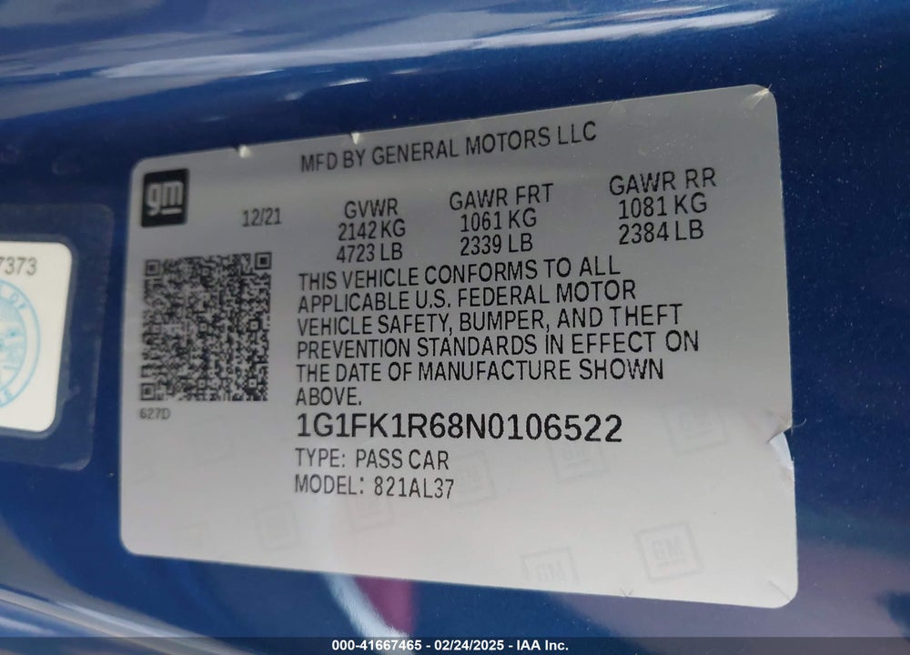 2022 CHEVROLET CAMARO VIN: 1G1FK1R68N0106522