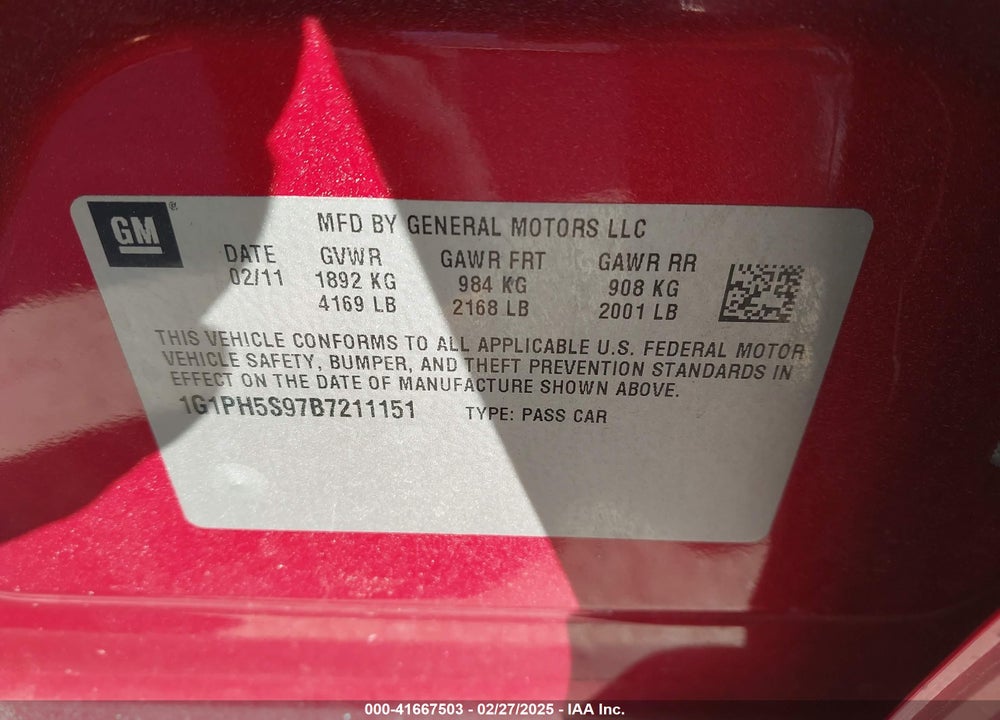 2011 CHEVROLET CRUZE VIN: 1G1PH5S97B7211151