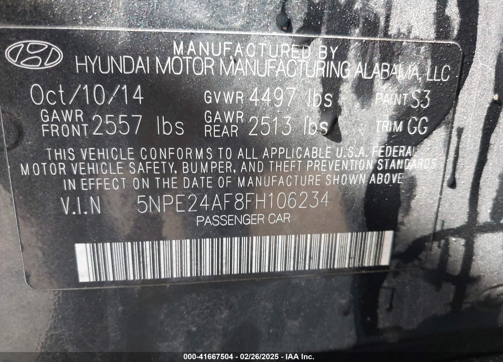 2015 HYUNDAI SONATA VIN: 5NPE24AF8FH106234