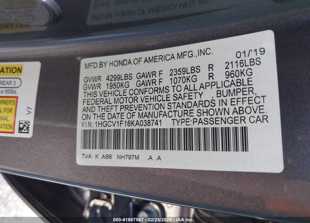 2019 HONDA ACCORD VIN: 1HGCV1F16KA038741