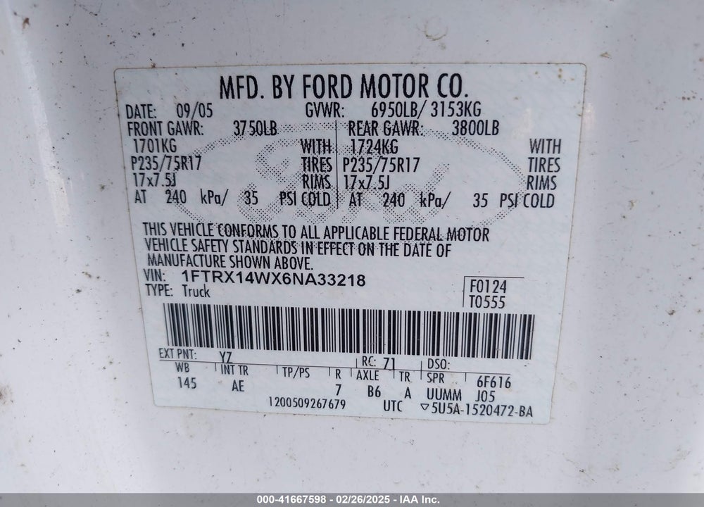2006 FORD F-150 STX/XL/XLT VIN: 1FTRX14WX6NA33218