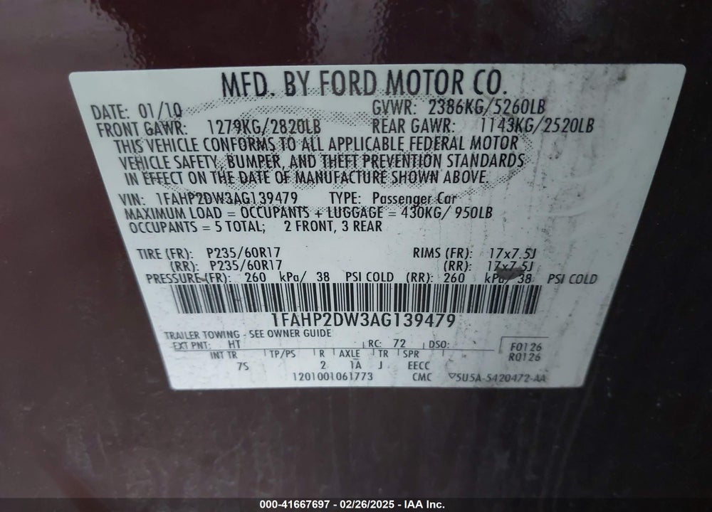 2010 FORD TAURUS VIN: 1FAHP2DW3AG139479