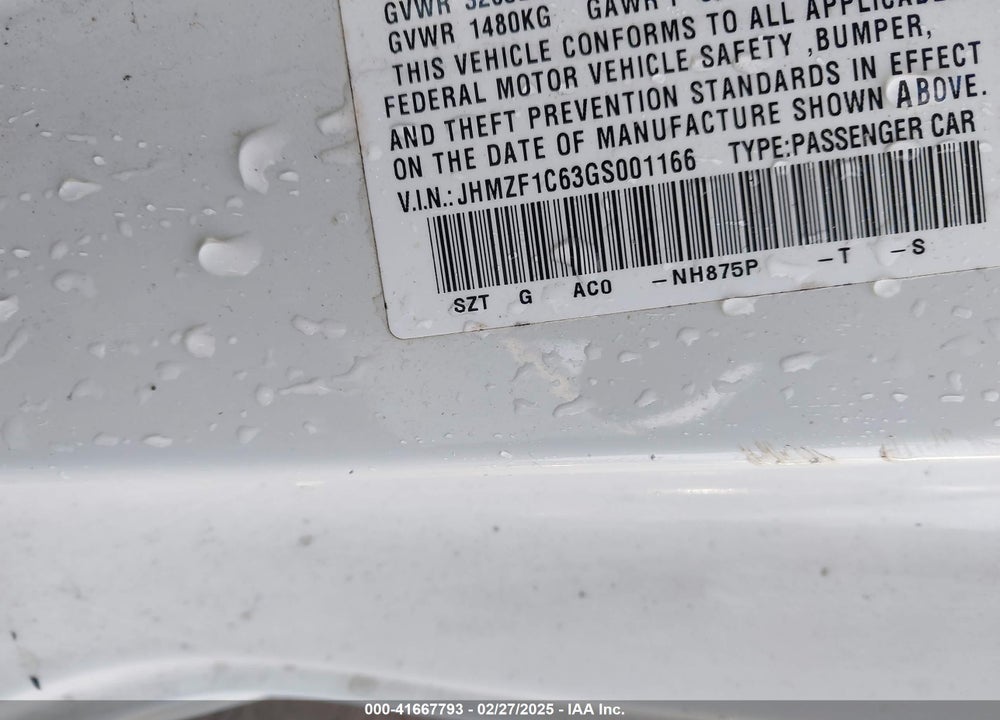 2016 HONDA CR-Z EX/EX-L NAVI VIN: JHMZF1C63GS001166