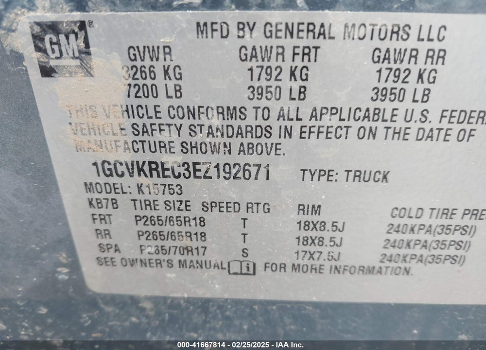 2014 CHEVROLET SILVERADO 1500 VIN: 1GCVKREC3EZ192671
