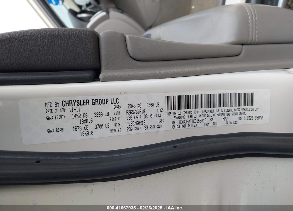 2012 JEEP GRAND CHEROKEE VIN: 1C4RJFAT1CC159015