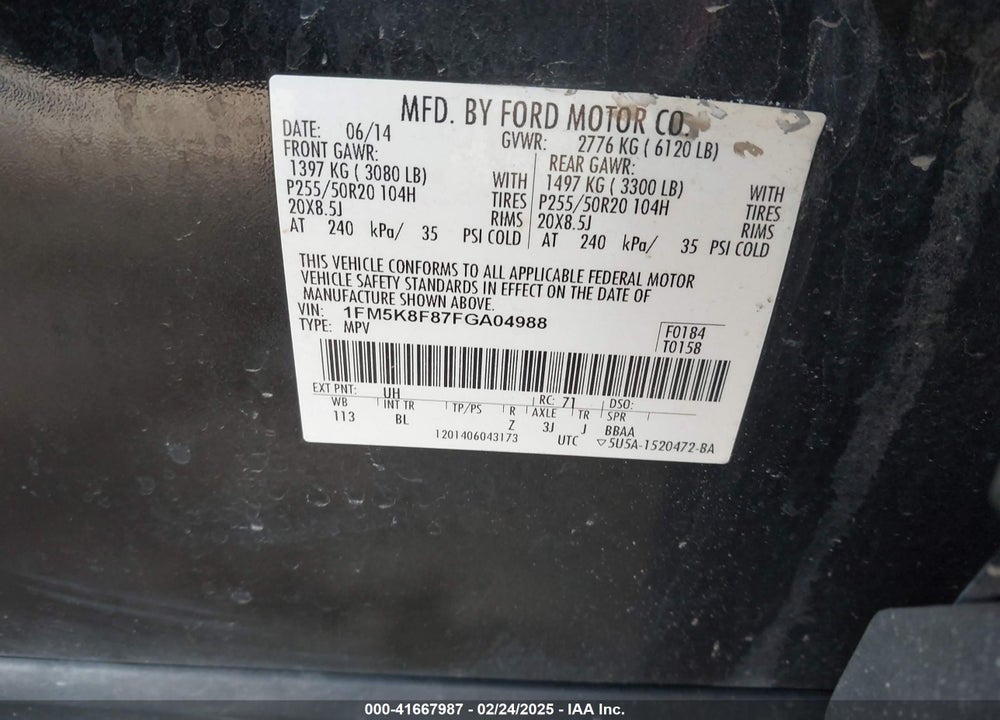 2015 FORD EXPLORER VIN: 1FM5K8F87FGA04988