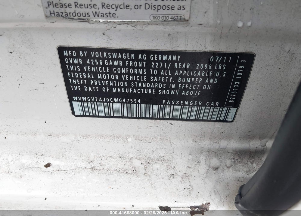 2012 VOLKSWAGEN GTI VIN: WVWGV7AJ0CW047594