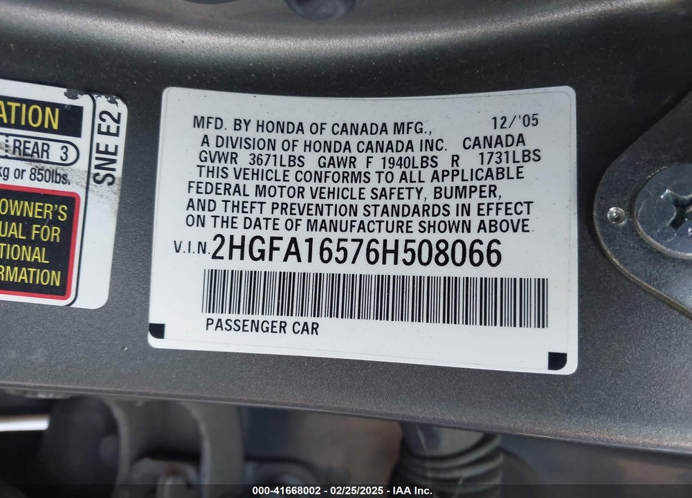 2006 HONDA CIVIC LX VIN: 2HGFA16576H508066