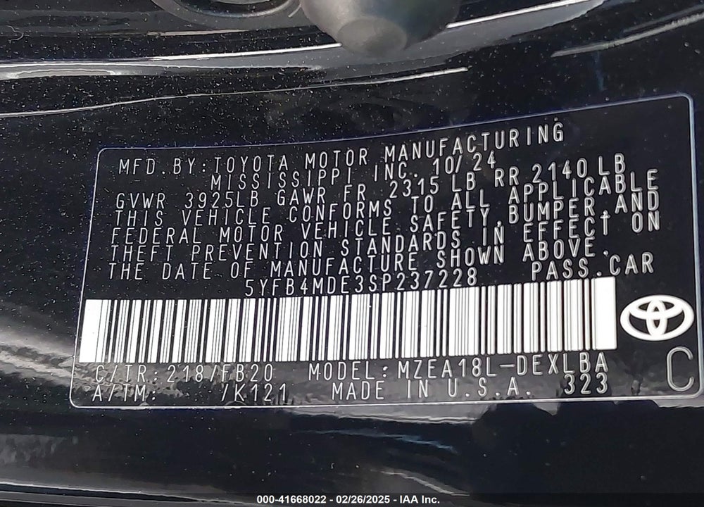 2025 TOYOTA COROLLA VIN: 5YFB4MDE3SP237228