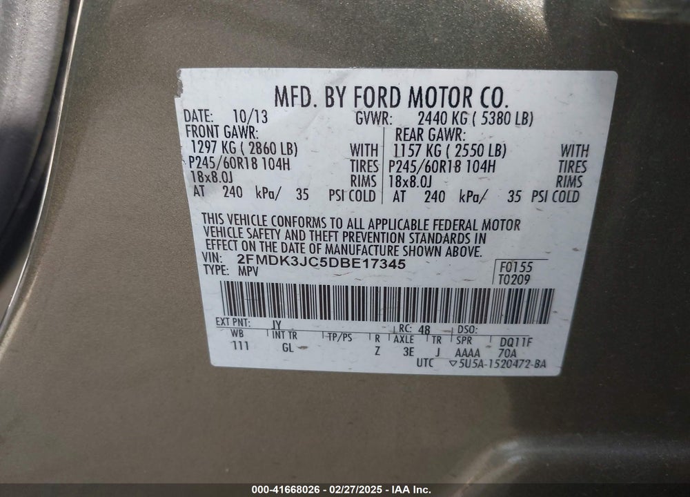 2013 FORD EDGE SEL VIN: 2FMDK3JC5DBE17345
