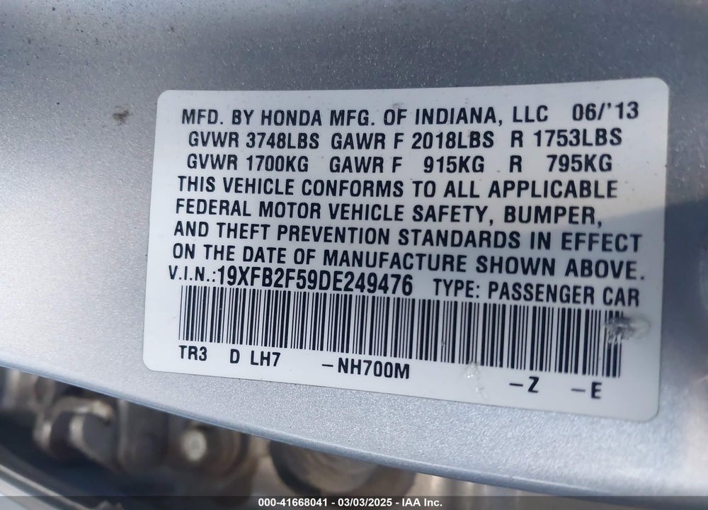 2013 HONDA CIVIC VIN: 19XFB2F59DE249476