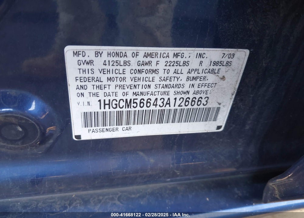 2003 HONDA ACCORD 2.4 EX VIN: 1HGCM56643A126663