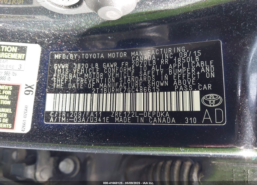 2016 TOYOTA COROLLA L VIN: 2T1BURHE7GC486615