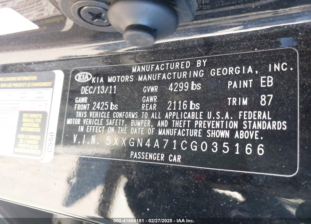 2012 KIA OPTIMA VIN: 5XXGN4A71CG035166