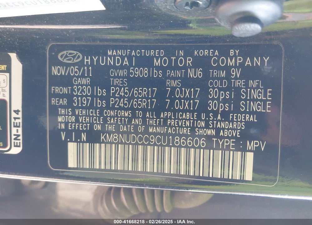 2012 HYUNDAI VERACRUZ GLS VIN: KM8NUDCC9CU186606