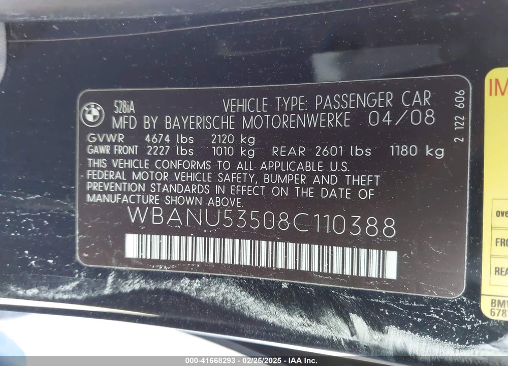 2008 BMW 528I VIN: WBANU53508C110388