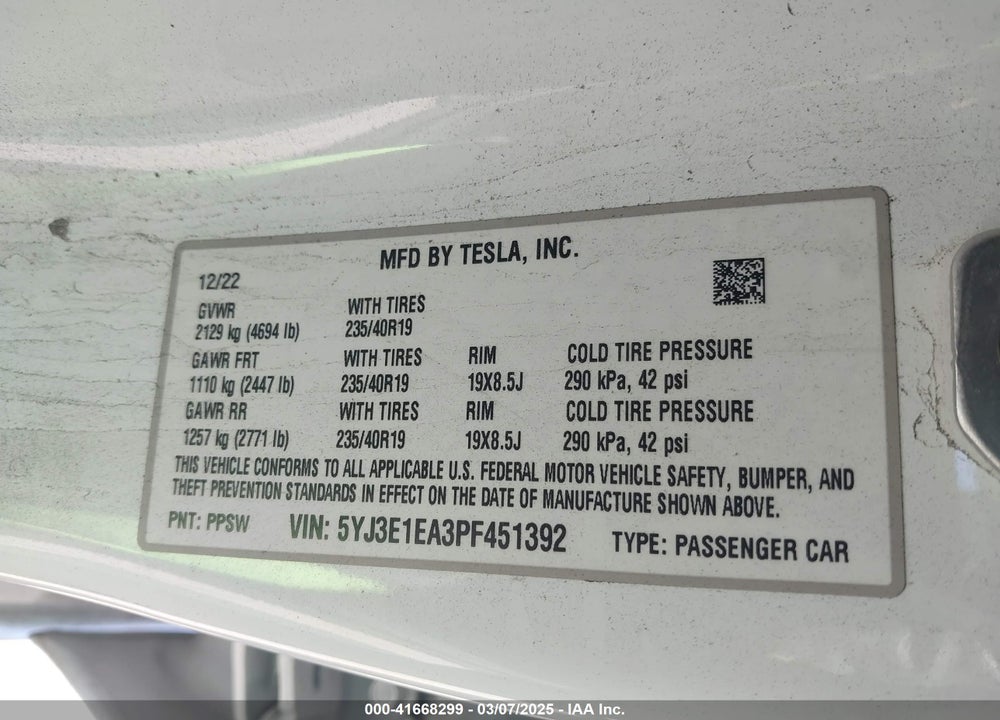 2023 TESLA MODEL 3 REAR-WHEEL DRIVE VIN: 5YJ3E1EA3PF451392