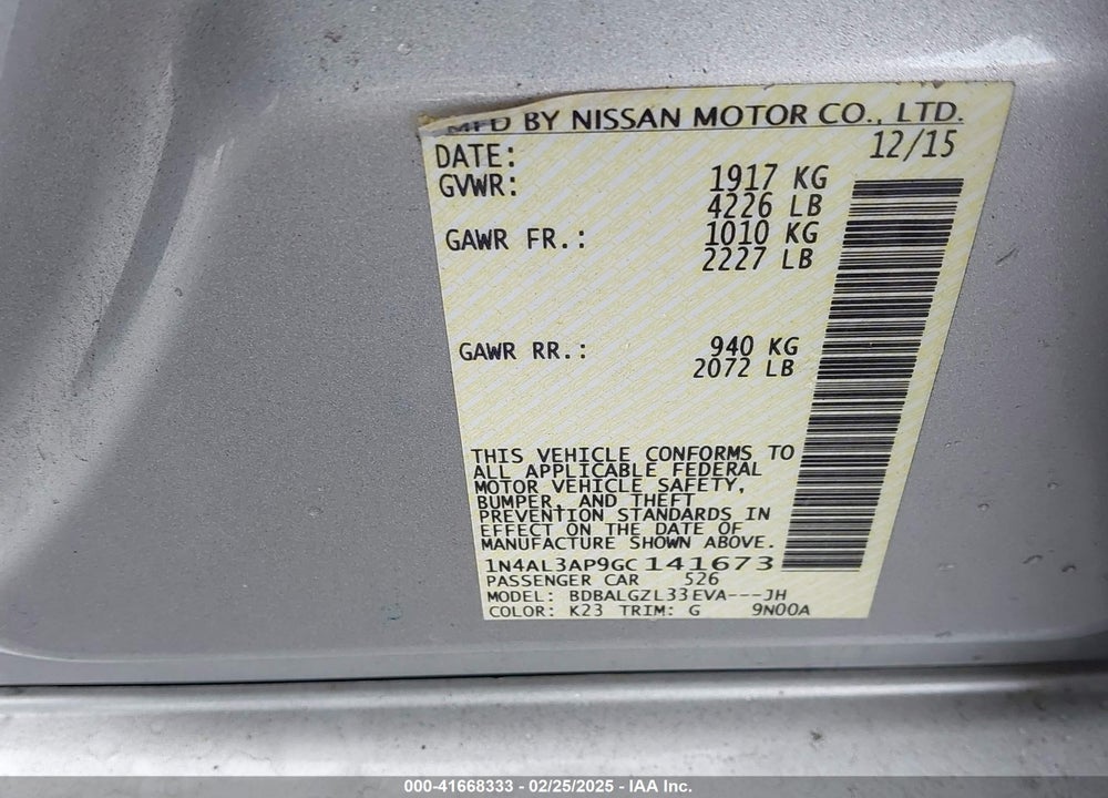 2016 NISSAN ALTIMA VIN: 1N4AL3AP9GC141673