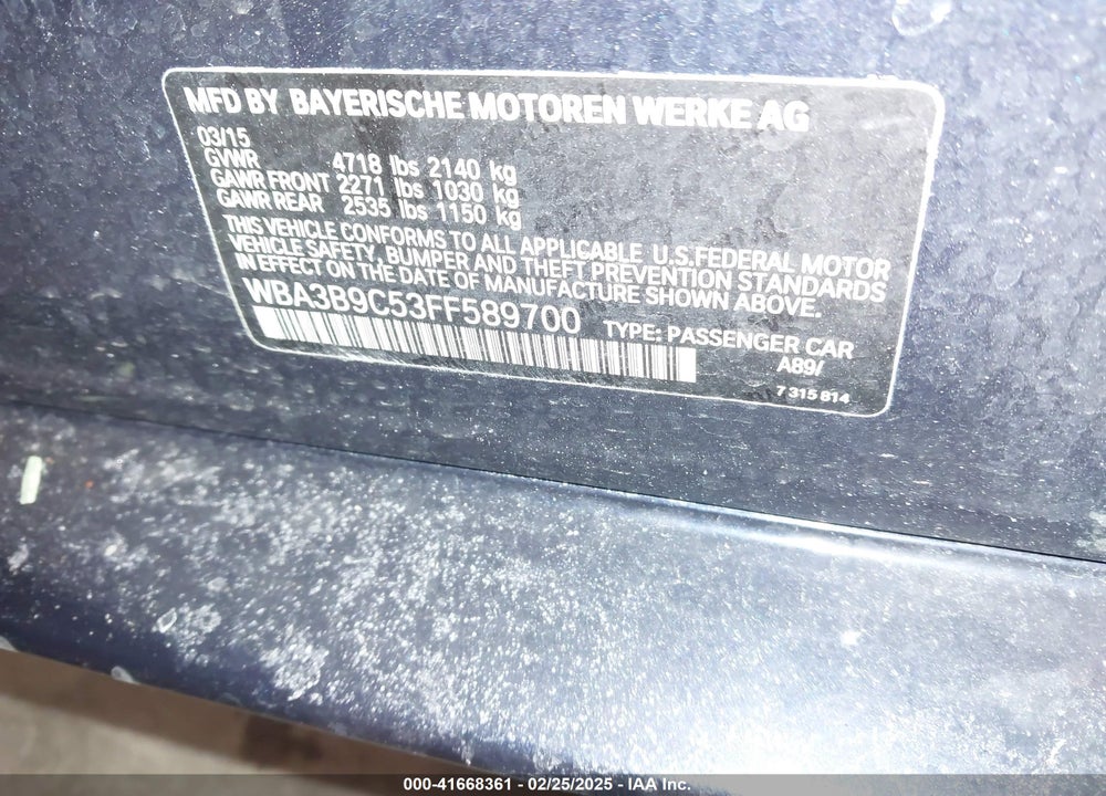 2015 BMW 335I VIN: WBA3B9C53FF589700