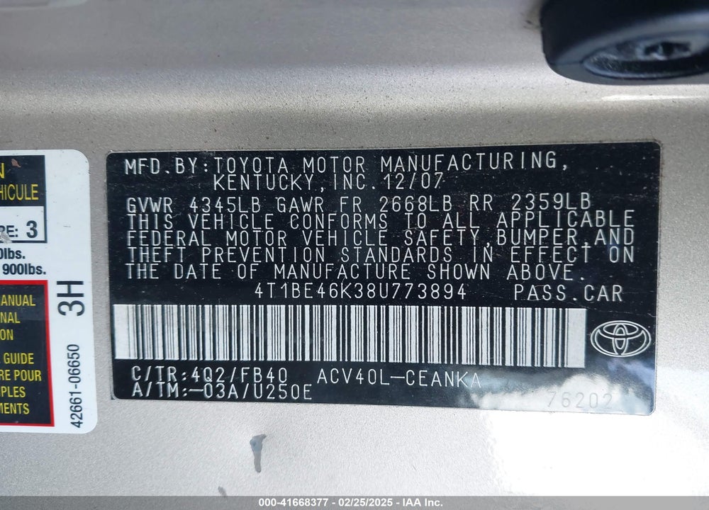 2008 TOYOTA CAMRY VIN: 4T1BE46K38U773894