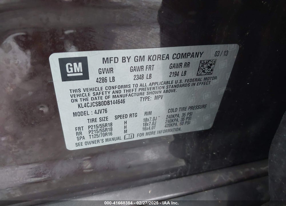 2013 BUICK ENCORE VIN: KL4CJCSB0DB144646