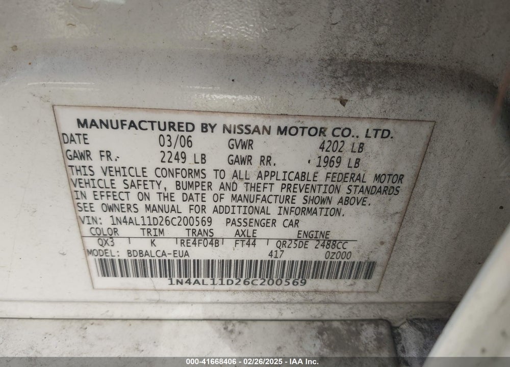 2006 NISSAN ALTIMA VIN: 1N4AL11D26C200569
