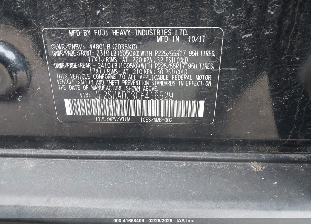 2012 SUBARU FORESTER VIN: JF2SHADC3CH416529