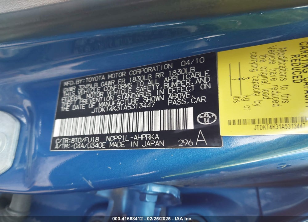 2010 TOYOTA YARIS VIN: JTDKT4K31A5313447