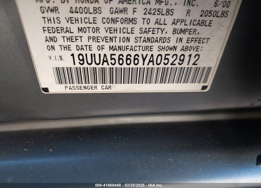 2000 ACURA TL 3.2 VIN: 19UUA5666YA052912