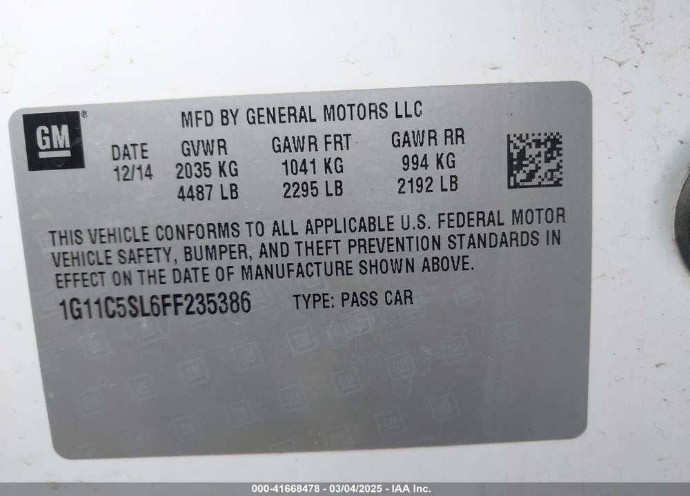 2015 CHEVROLET MALIBU VIN: 1G11C5SL6FF235386