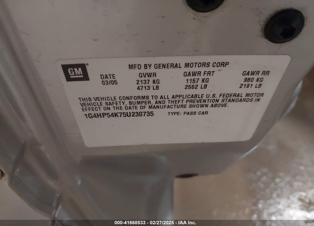 2005 BUICK LESABRE CUSTOM VIN: 1G4HP54K75U230735
