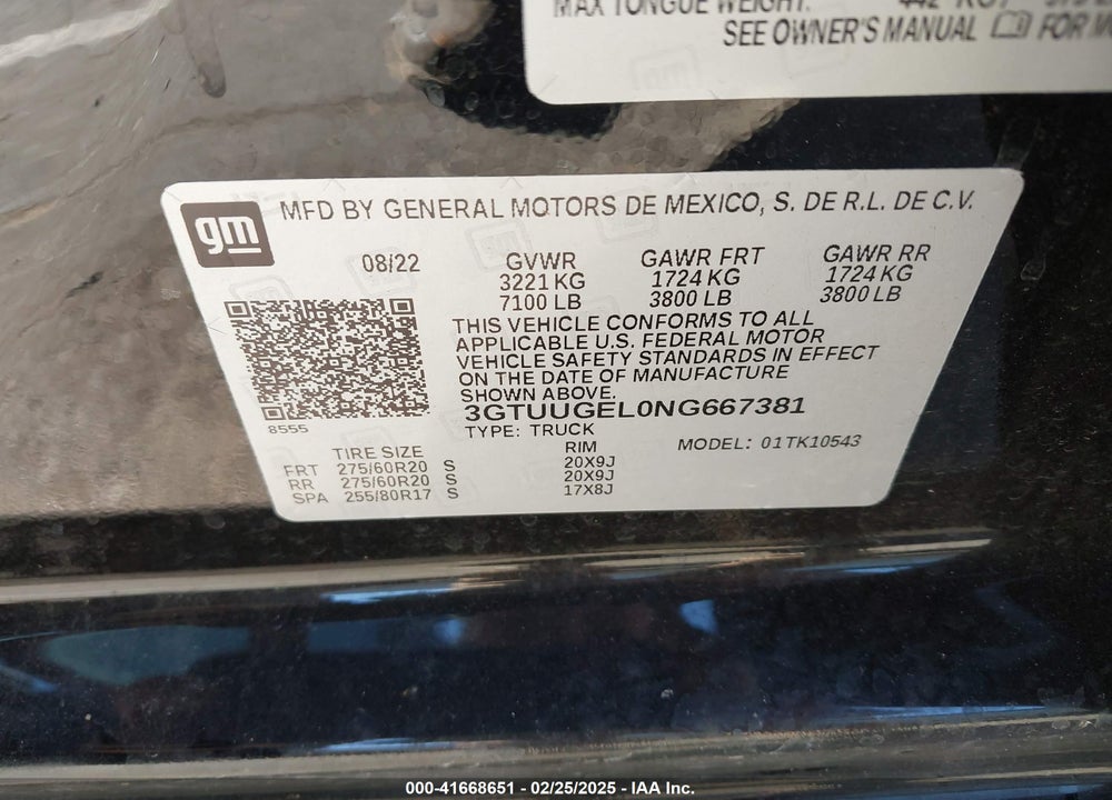 2022 GMC SIERRA 1500 VIN: 3GTUUGEL0NG667381