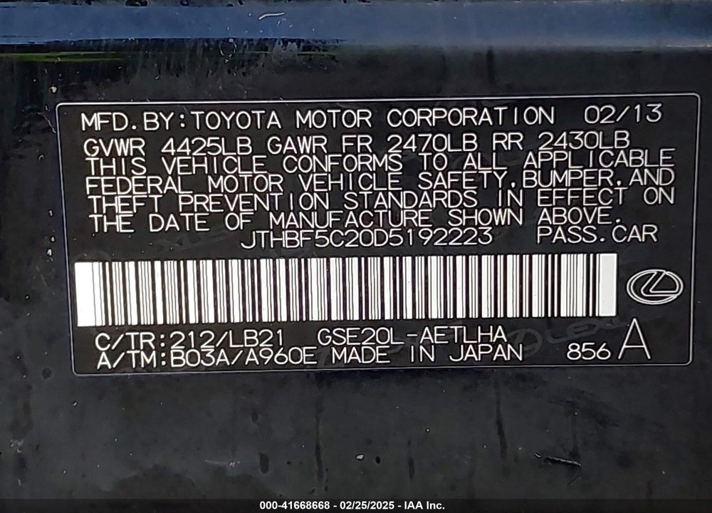 2013 LEXUS IS 250 VIN: JTHBF5C20D5192223