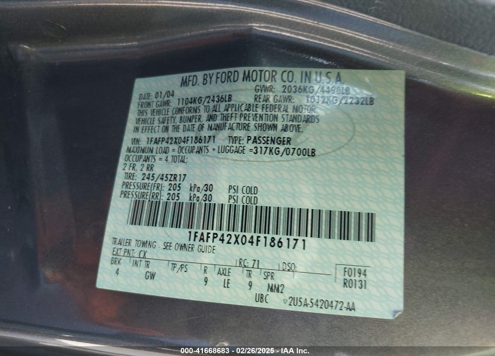 2004 FORD MUSTANG GT VIN: 1FAFP42X04F186171