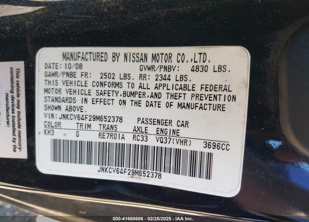 2009 INFINITI G37X VIN: JNKCV64F29M652378
