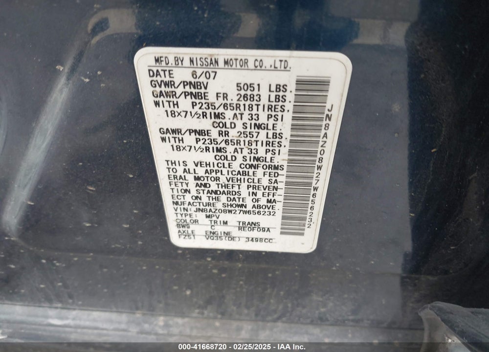 2007 NISSAN MURANO SL VIN: JN8AZ08W27W656232
